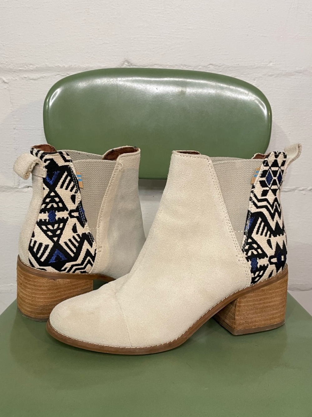 Toms Cream Suede Chelsea Booties with Blue & Black Patterned Heel - Picture 1 of 7